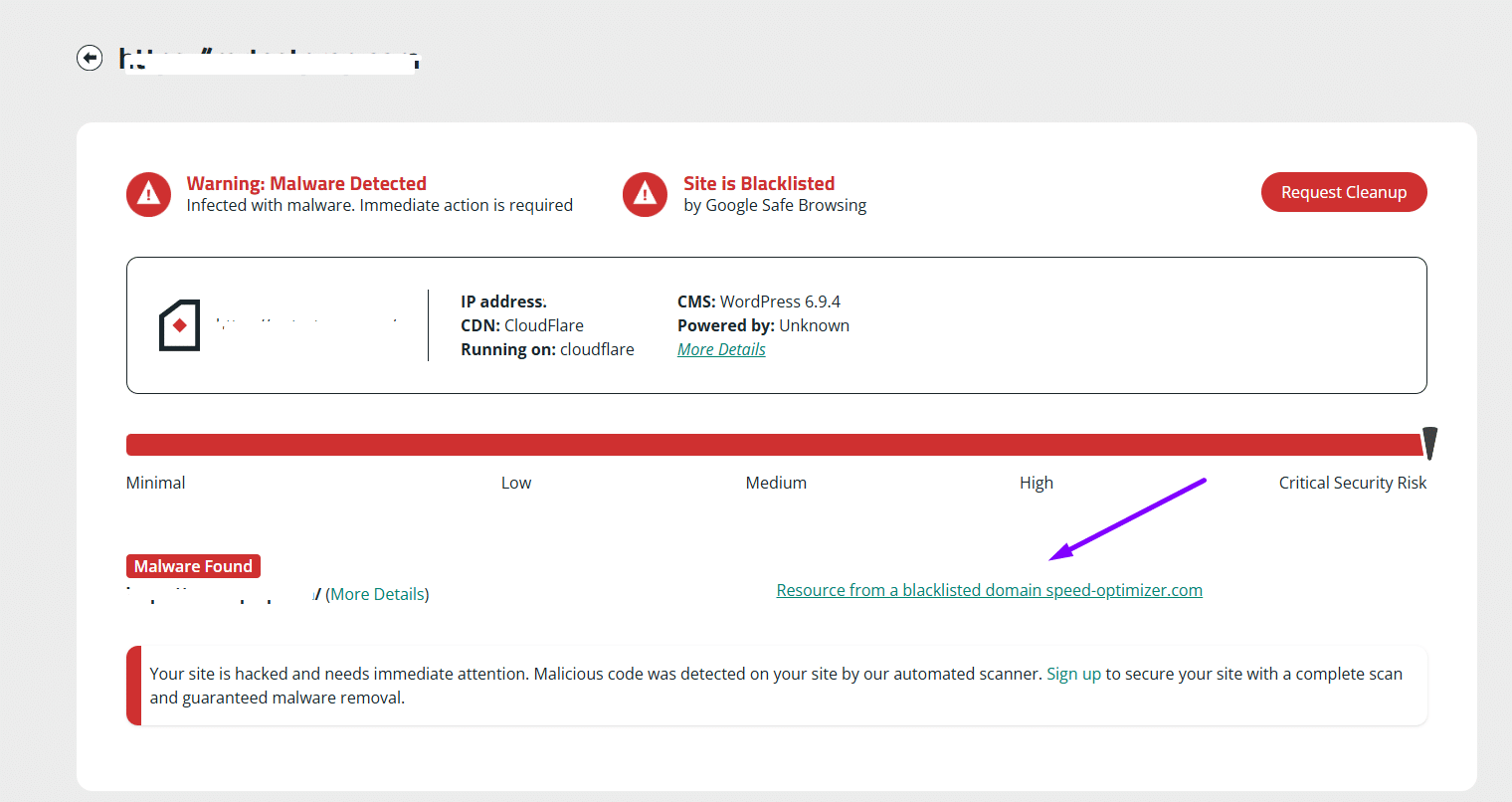 Sucuri SiteCheck warning showing Malware Found and Resource from a blacklisted domain speed-optimizer.com on a hacked WordPress site