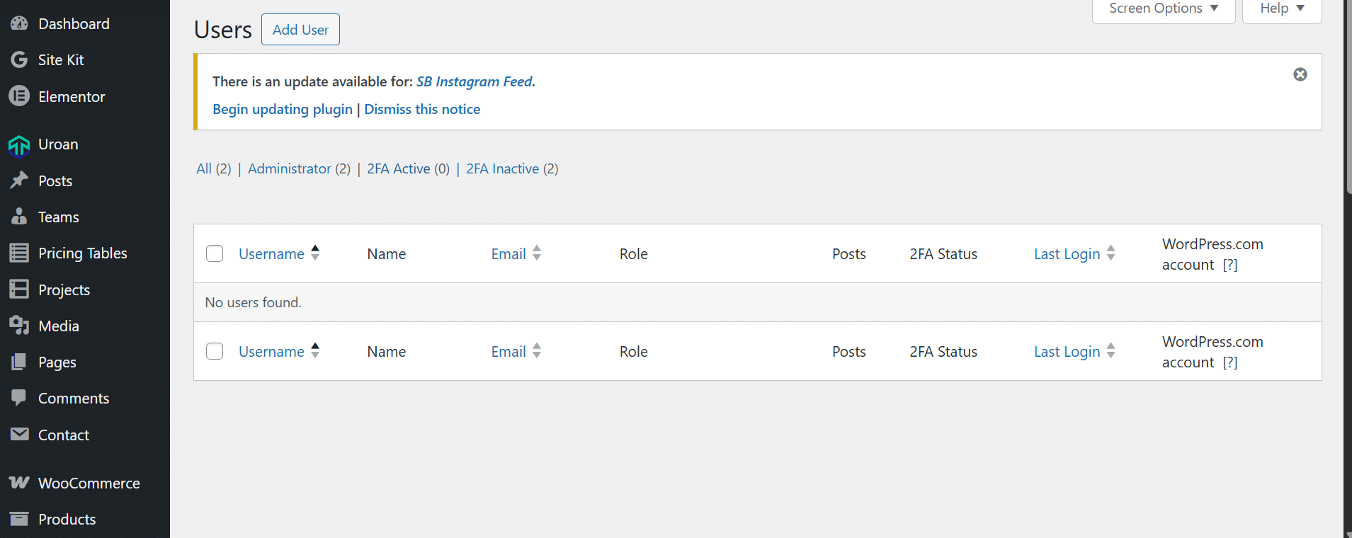 WordPress Users screen showing No users found despite the filter saying All (2)