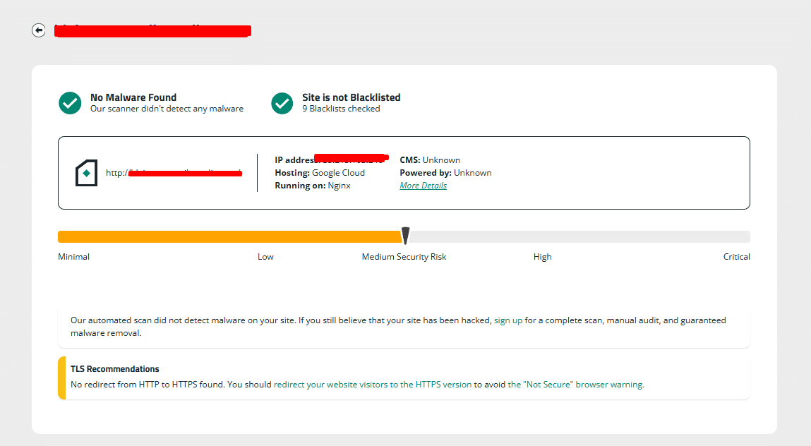 Sucuri SiteCheck report showing No Malware Found and Site is not Blacklisted on a WordPress site that was actively redirecting visitors due to hidden WPCode malware