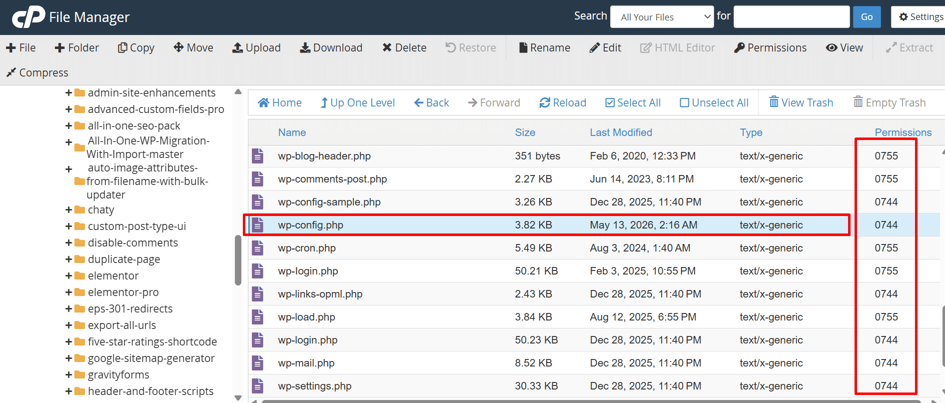 cPanel File Manager showing wp-config.php with 0744 permissions on a WordPress site infected by speed-optimizer.com malware
