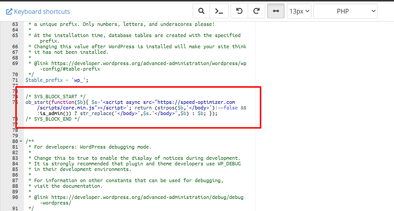 cPanel code editor showing the SYS_BLOCK_START ob_start malware injection in wp-config.php loading speed-optimizer.com