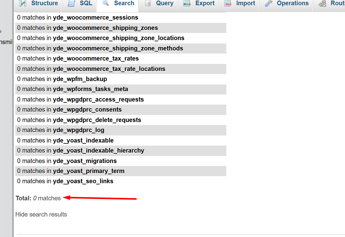 phpMyAdmin search results showing zero matches across every WordPress database table for the WPCode malware redirect URL lemon-well-flash.pages.dev
