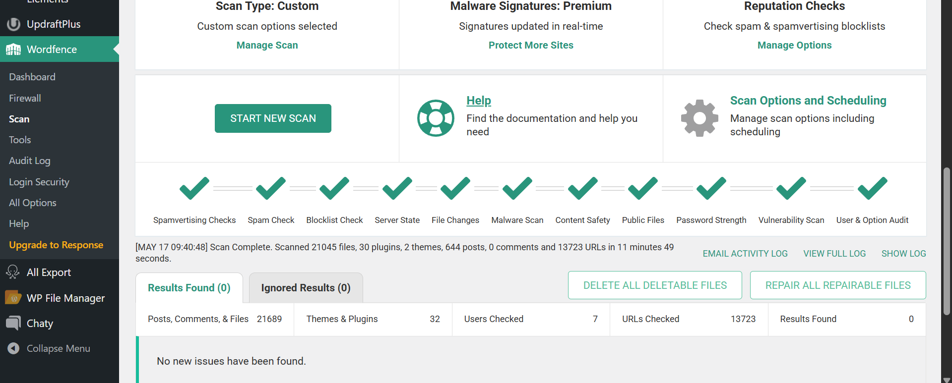 Wordfence Premium scan complete with zero results found on a WordPress site that Sucuri flagged as infected