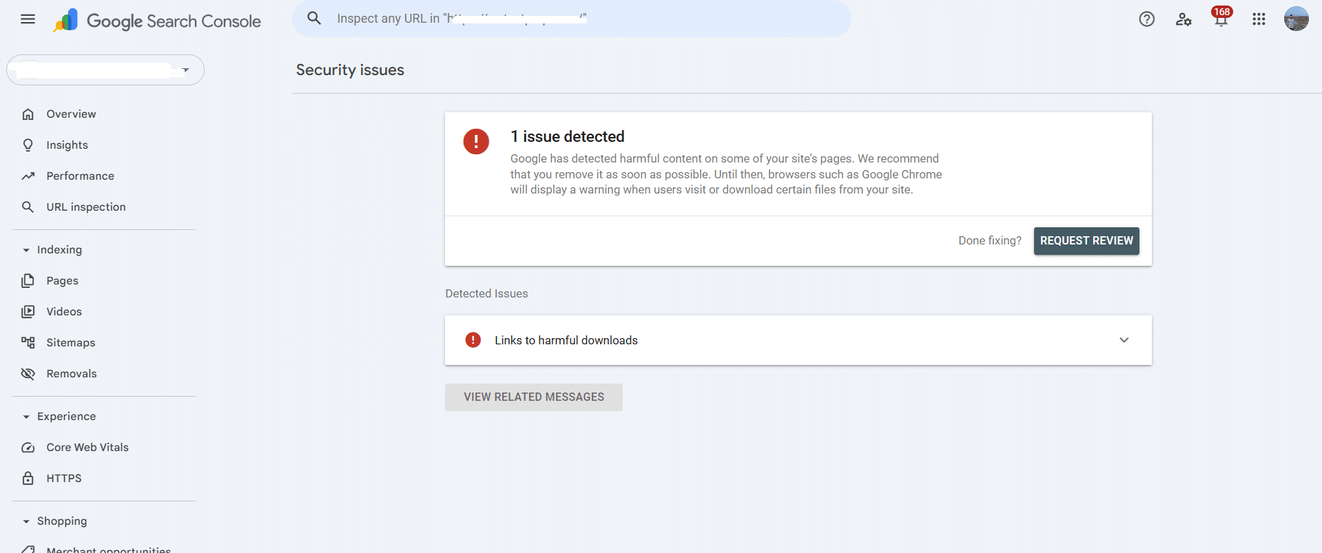 Google Search Console Security Issues showing Links to harmful downloads detected and Request Review button after speed-optimizer.com malware cleanup