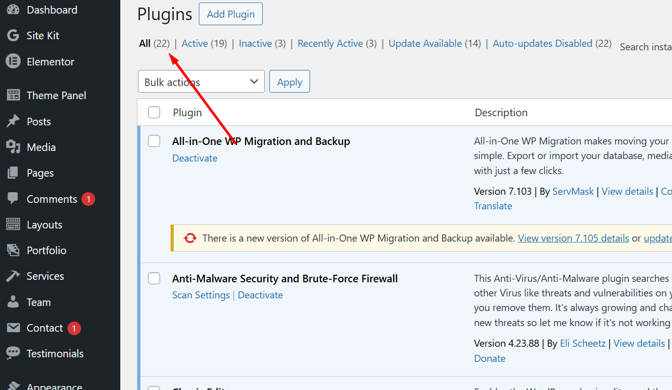 WordPress admin Plugins page showing All (22) count which is two fewer than the actual plugin folder count on disk, indicating hidden WPCode plugin malware
