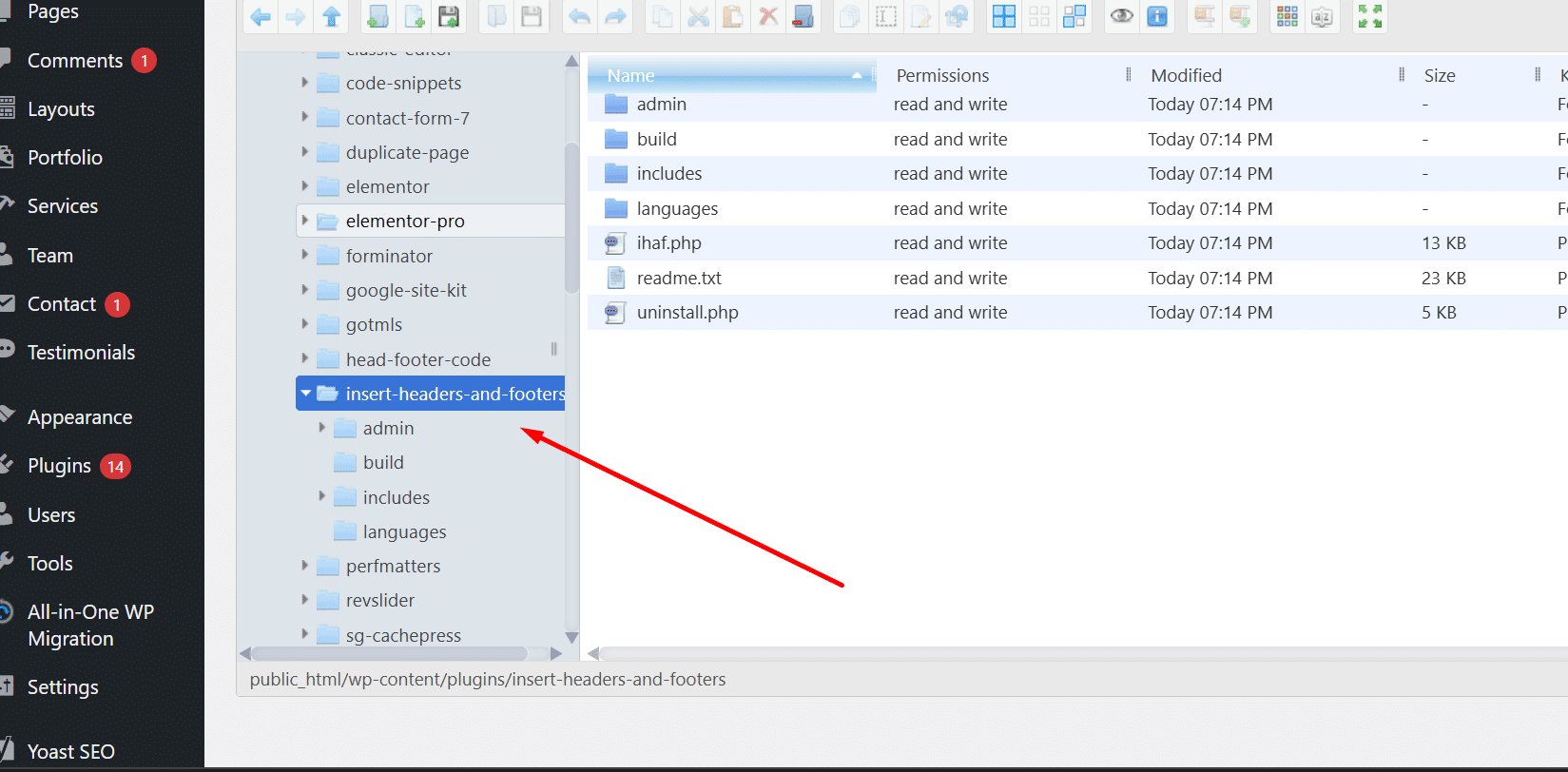 Hidden insert-headers-and-footers plugin folder contents showing ihaf.php and complete WPCode plugin structure used as a malware host on a hacked WordPress site