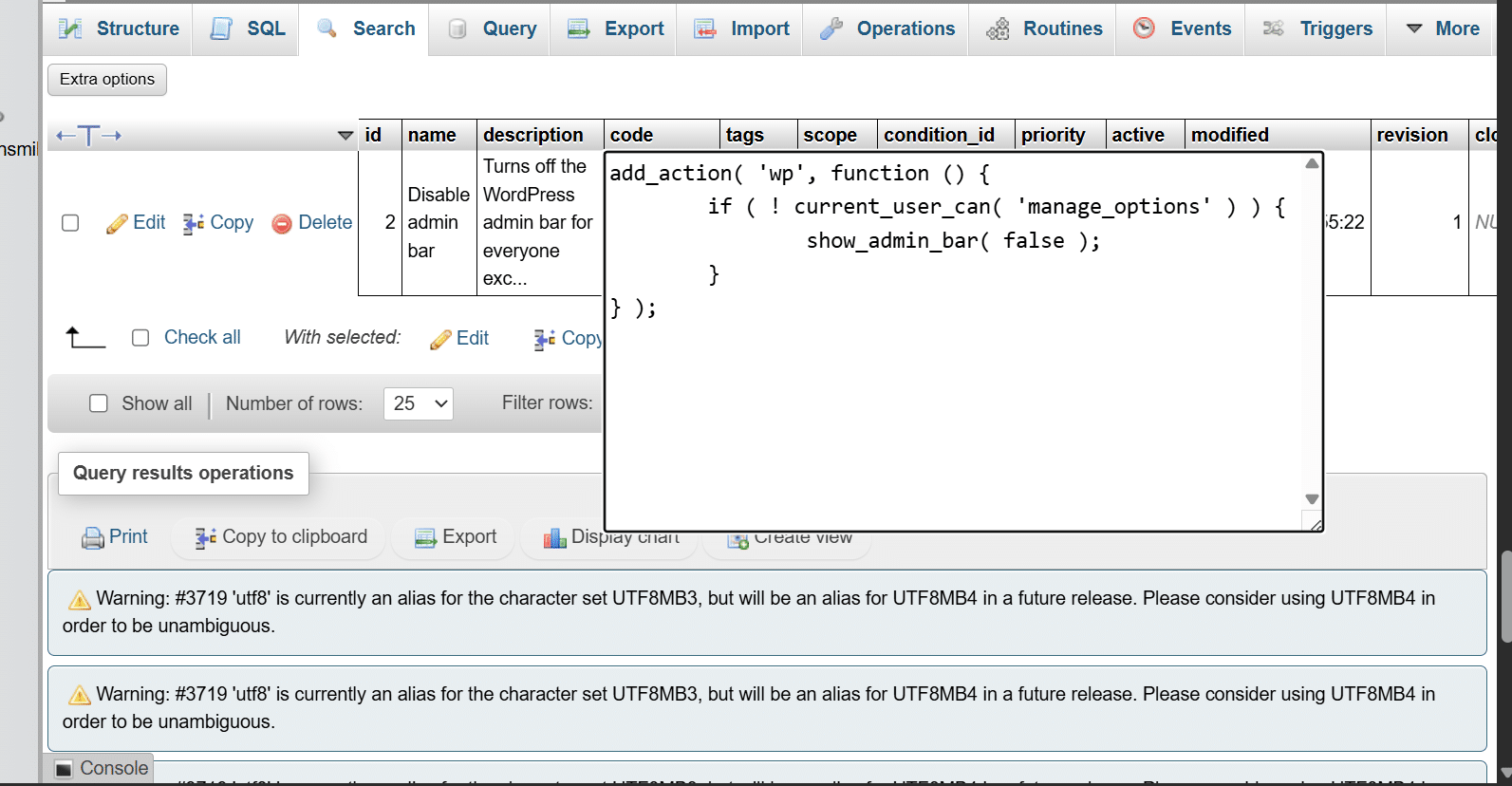 Code Snippets plugin database table showing a Disable admin bar snippet using show_admin_bar false that was planted by malware to obscure debugging