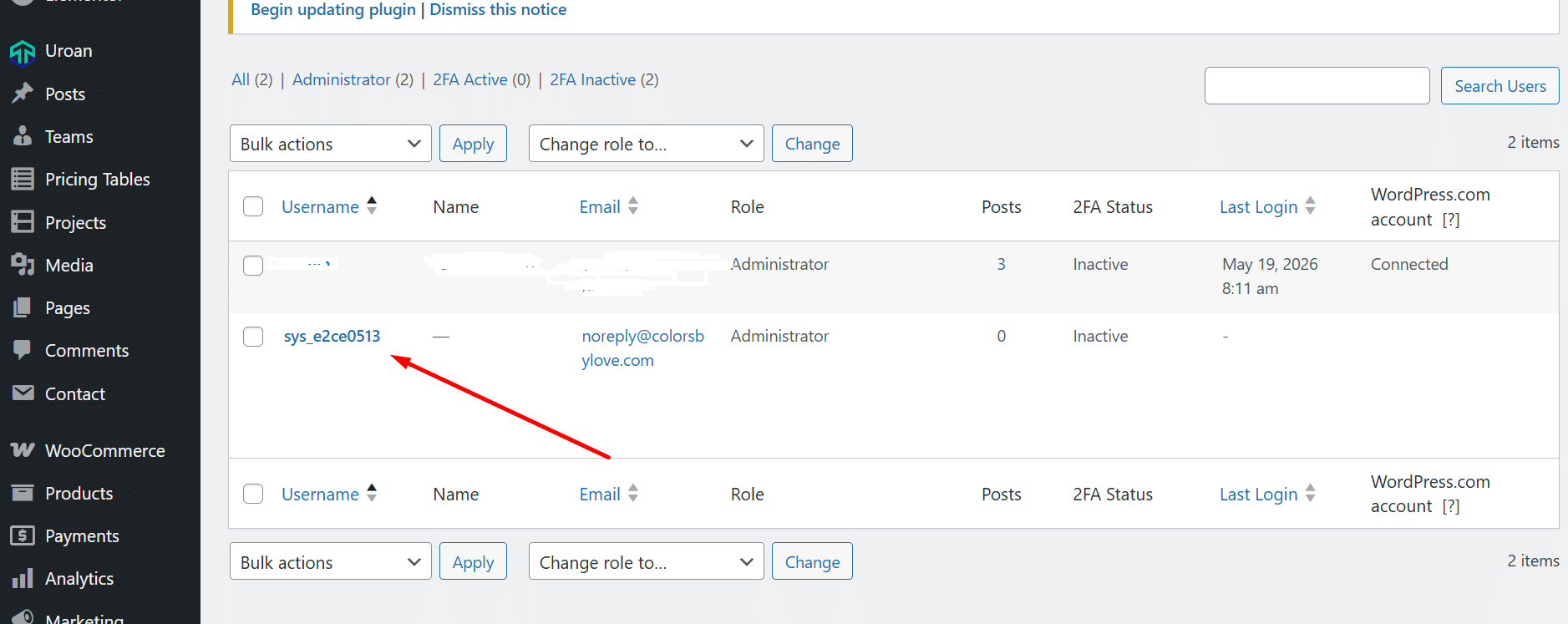 WordPress user list showing the hidden sys_e2ce0513 administrator account