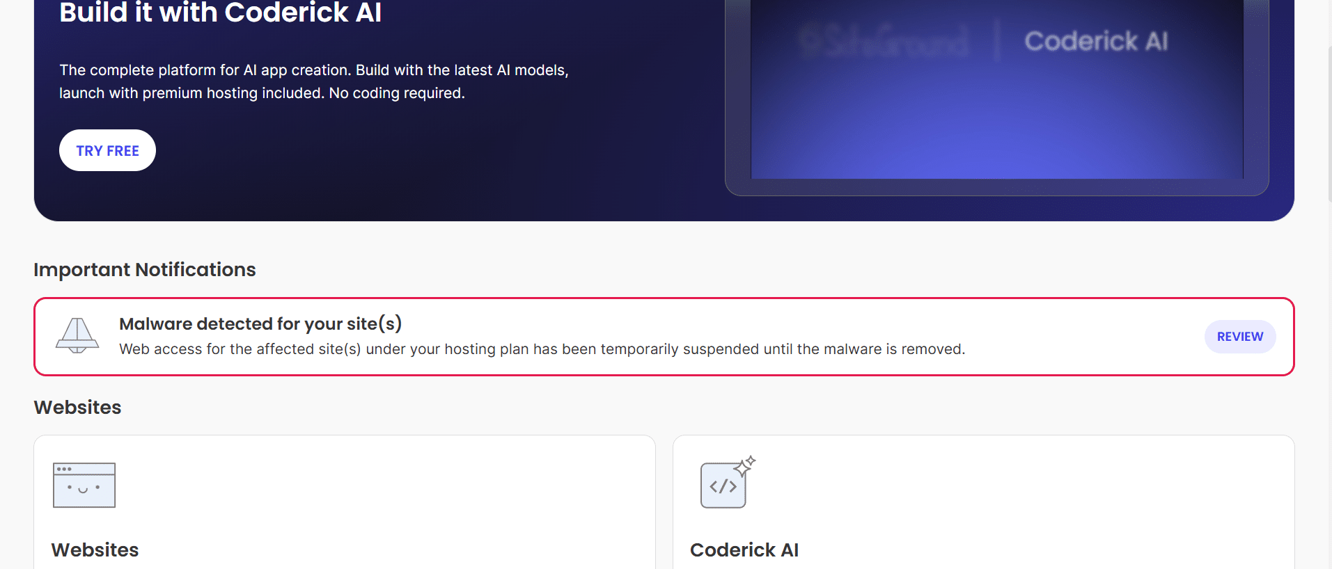 SiteGround dashboard notification Malware detected for your sites web access temporarily suspended
