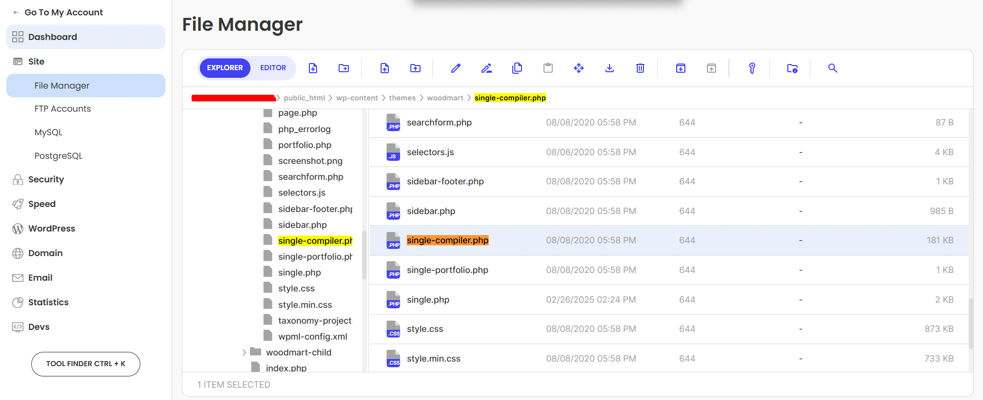 File manager showing single-compiler.php inside wp-content themes woodmart at 181 KB