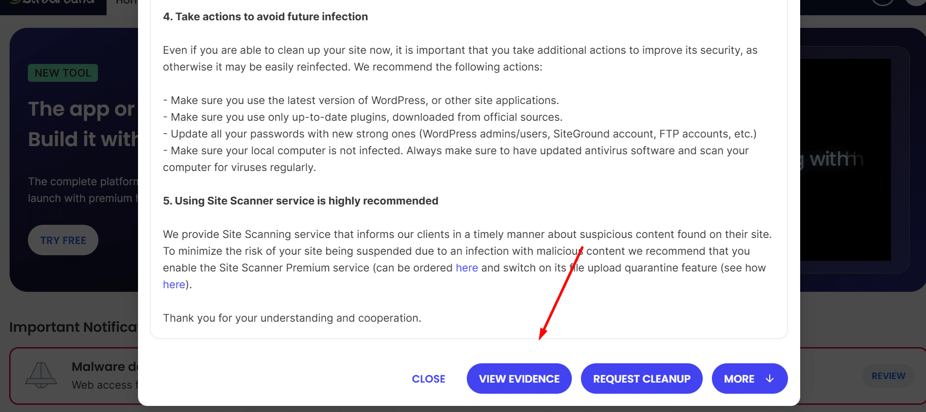 SiteGround malware review modal with Close View Evidence Request Cleanup and More buttons