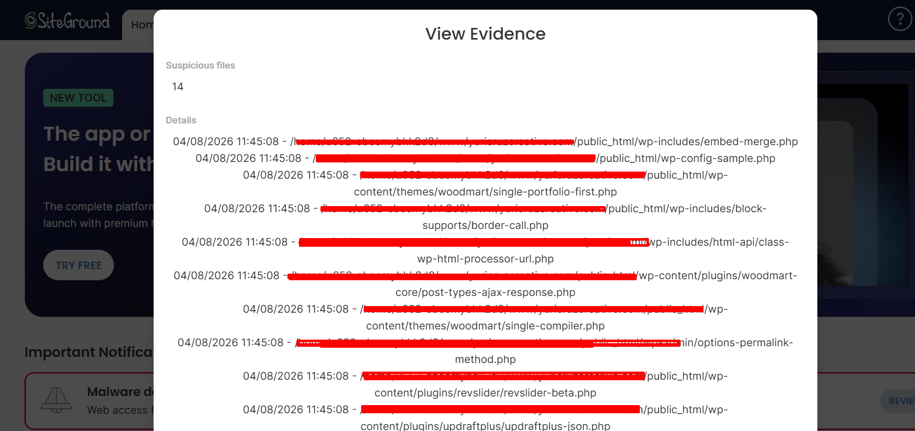 SiteGround View Evidence panel showing 14 suspicious files with full server paths