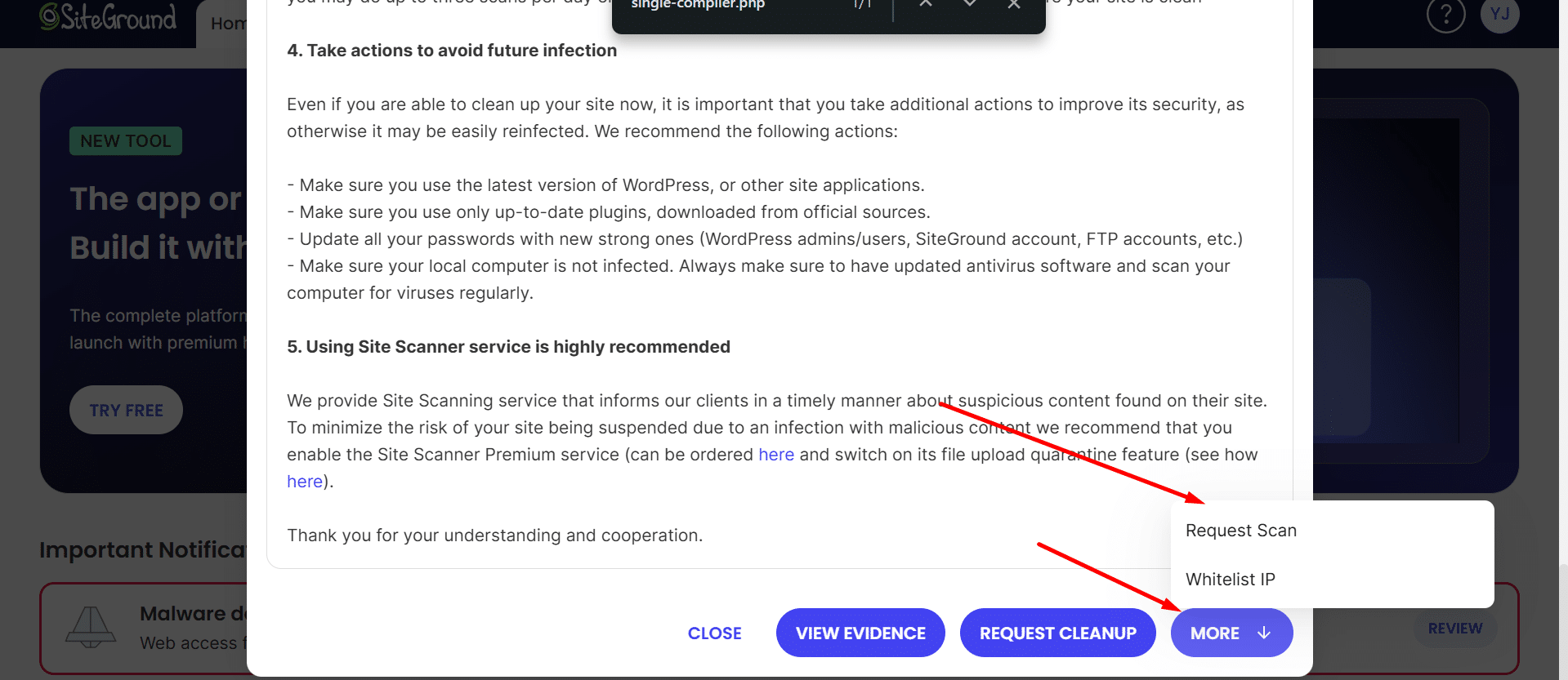SiteGround More dropdown showing Request Scan and Whitelist IP options